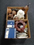 Two boxes of wooden figures, drinking glasses,