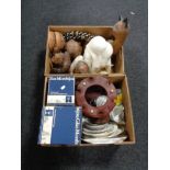 Two boxes of wooden figures, drinking glasses,