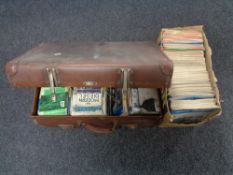 A vintage leather luggage case and box of mid century model engineering magazines
