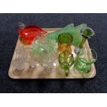 A tray of glass ware, coloured glass, commemorative tankards,