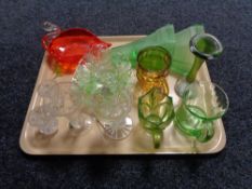 A tray of glass ware, coloured glass, commemorative tankards,