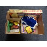 A box of vintage doll, match builder steam engine,