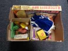 A box of vintage doll, match builder steam engine,