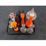 A tray of glass ware, art glass vases, coloured glass,