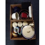 Two boxes of kitchen items, enamel bread crock and storage jars, fruit bowls,
