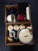 Two boxes of kitchen items, enamel bread crock and storage jars, fruit bowls,