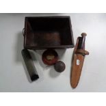 A box of William Rogers knife in leather sheath, vintage tape measure, cased thermometer,
