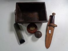 A box of William Rogers knife in leather sheath, vintage tape measure, cased thermometer,