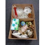 Two boxes of china and glass, decanter, glasses,