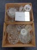 Two boxes of pressed glass, bowls, comports,