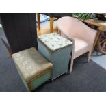 A painted loom basket chair together with a loom box and storage stool