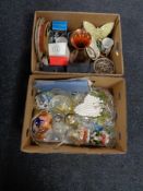 Two boxes of glass, copper jug, wall plates, continental figures, metal ware,