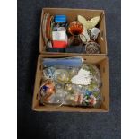 Two boxes of glass, copper jug, wall plates, continental figures, metal ware,