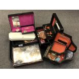 Three various jewellery boxes and a tray containing costume jewellery, compact,