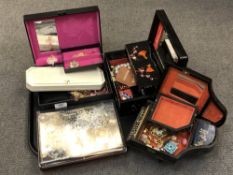 Three various jewellery boxes and a tray containing costume jewellery, compact,