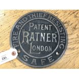 A cast metal circular safe-maker's plate : Patent Ratner, diameter 20 cm.