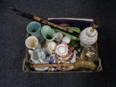 A box of china, part Royal Stafford tea service, clock under shade, bed warming pan barometer,