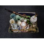 A box of china, part Royal Stafford tea service, clock under shade, bed warming pan barometer,