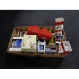 A box of boxed Ringtons china, castles tea caddy, snapshot jugs,