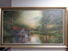 A gilt framed David A James oil on canvas - Cottage with watermill