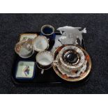A tray of assorted china, Brooks and Bentley dance of the dolphins figure, Cauldon mayfair vase,