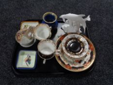 A tray of assorted china, Brooks and Bentley dance of the dolphins figure, Cauldon mayfair vase,