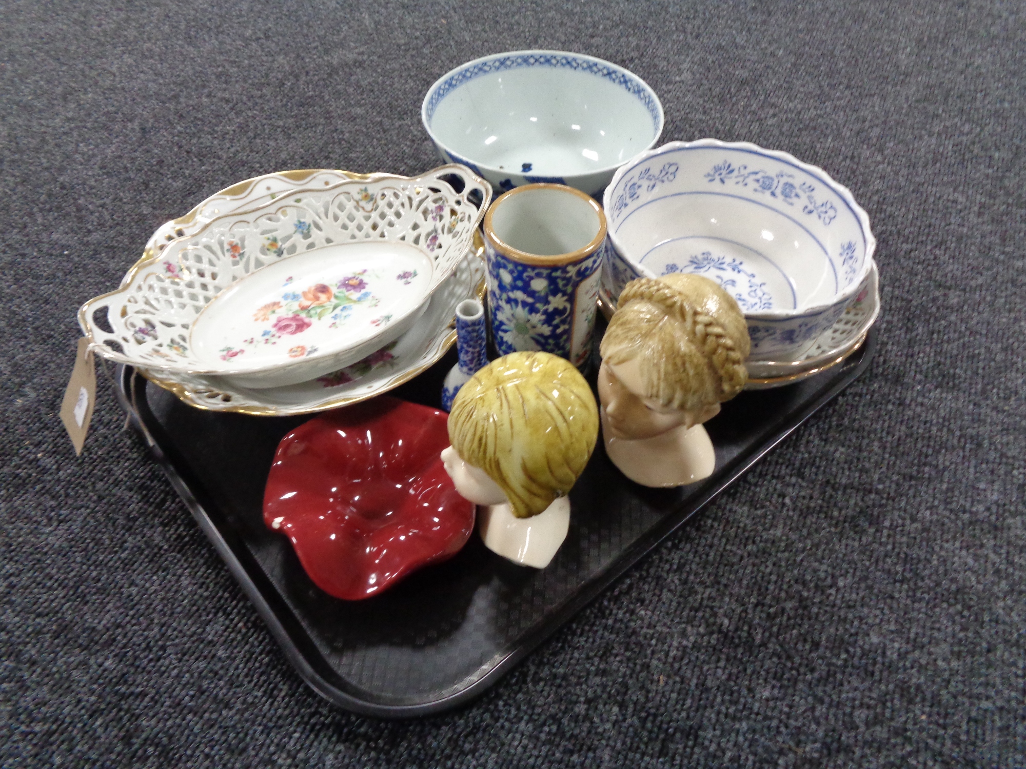 A tray of antique and later china, Chinese blue and white vases, Japanese brush pot,