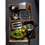 Two boxes of kitchen electricals, pan,