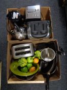 Two boxes of kitchen electricals, pan,