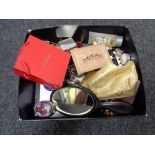 A box of trinket boxes, costume jewellery, hand mirror,