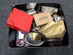 A box of trinket boxes, costume jewellery, hand mirror,