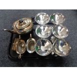 A tray of plated wares, three piece viners tea service, plated goblets,