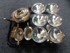 A tray of plated wares, three piece viners tea service, plated goblets,