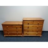 A pine five drawer chest together with matching three drawer chest