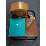 A tray of mid century smiths walnut mantle clock, cased turner's binoculars,