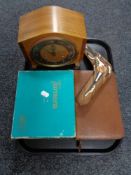 A tray of mid century smiths walnut mantle clock, cased turner's binoculars,