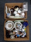 Two boxes of china, continental figure, china planters, wall plates,