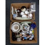 Two boxes of china, continental figure, china planters, wall plates,