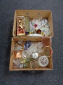 Two boxes of glass, vases, lidded storage jar,