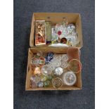 Two boxes of glass, vases, lidded storage jar,