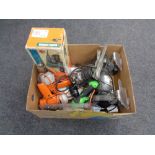 A box of power tools, performance grinder, black and decker sander, drills,