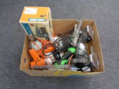 A box of power tools, performance grinder, black and decker sander, drills,