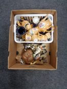 A box of China bird ornaments, cat ornaments,