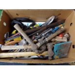 A tool box and cardboard box of assorted hand tools,