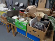Three boxes and basket of table lamps, china, trays,
