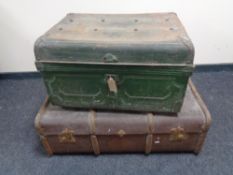 An early 20th century tin trunk and a Bentwood trunk