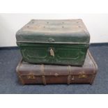 An early 20th century tin trunk and a Bentwood trunk