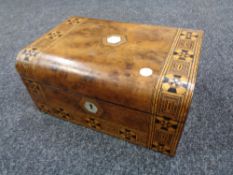 A Victorian inlaid walnut work box containing costume jewellery