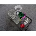 A tray of assorted glass ware, lead crystal vases, art glass vase,