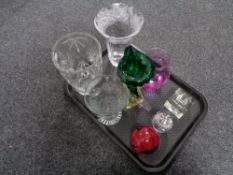 A tray of assorted glass ware, lead crystal vases, art glass vase,